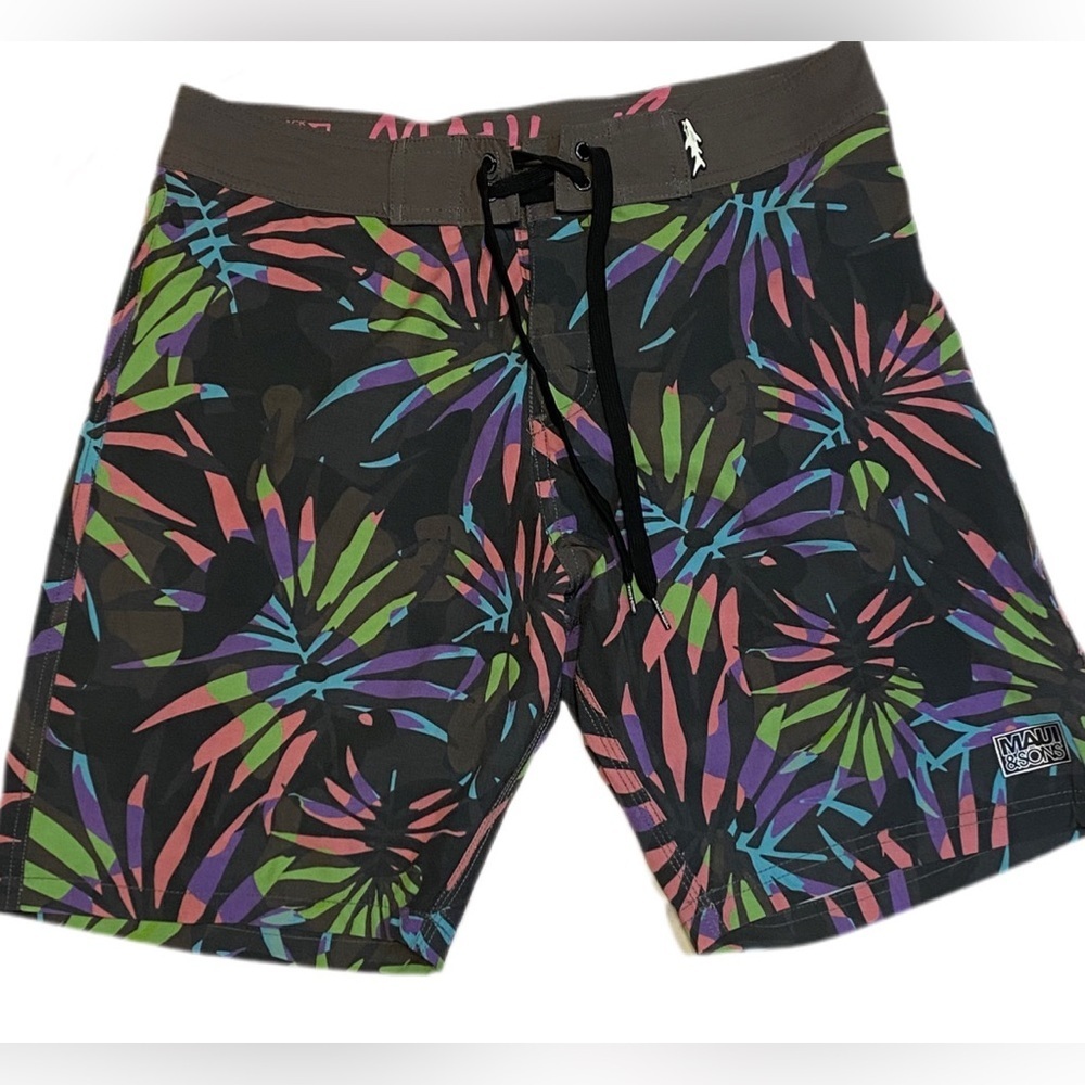 Maui and Sons Board Shorts Men’s Size 32 Tropical Palm / Neon Print Surf Trunks